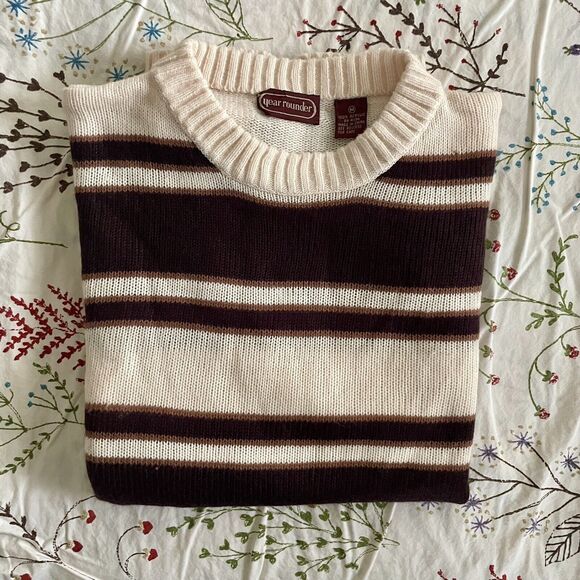 Vintage Year Rounder Sweater Men’s Medium Tan Striped Pullover Sweater - Picture 10 of 13